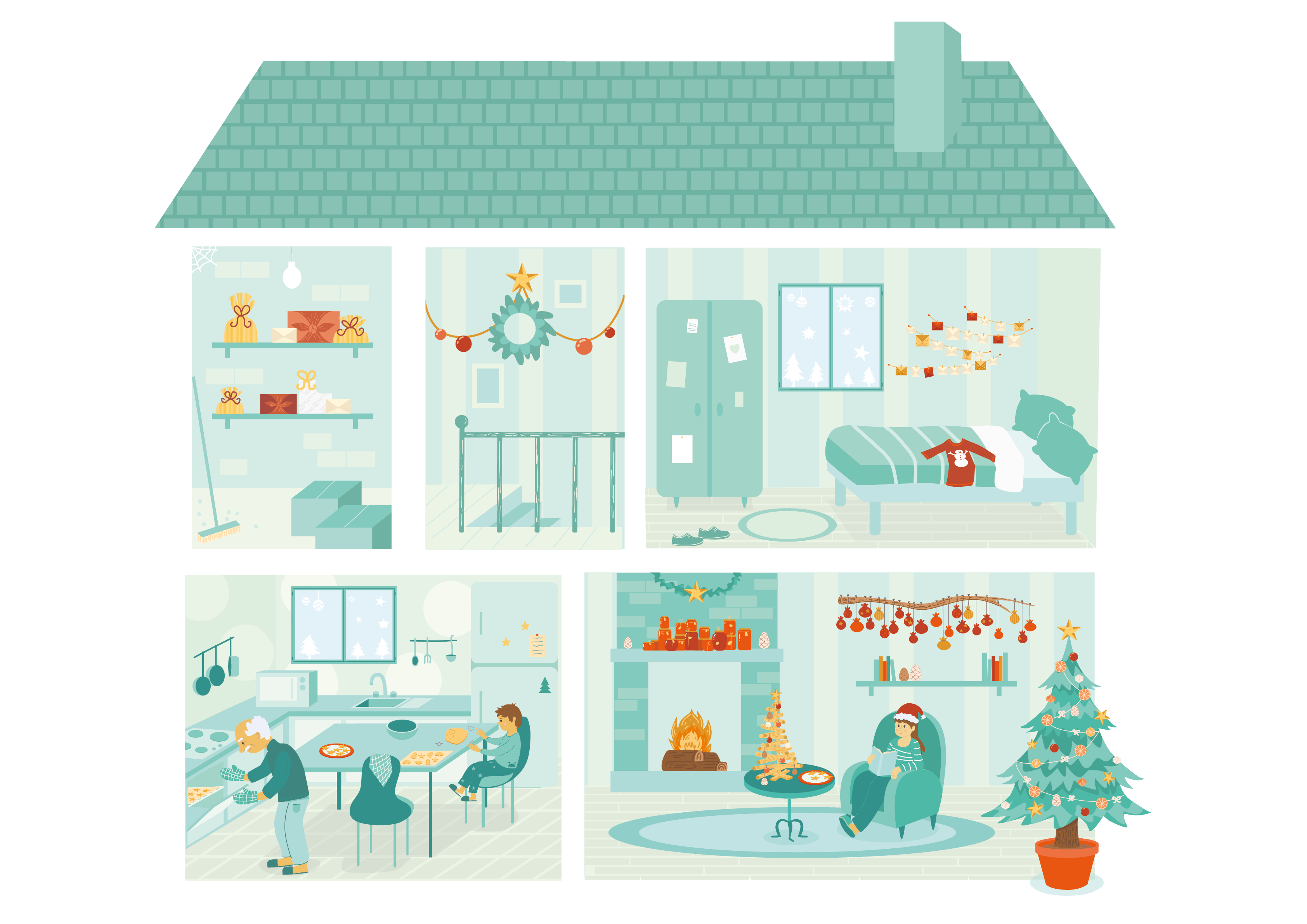 Maison illustration vectorielle de maison en coupe décorée pour Noël de manière eco responsable