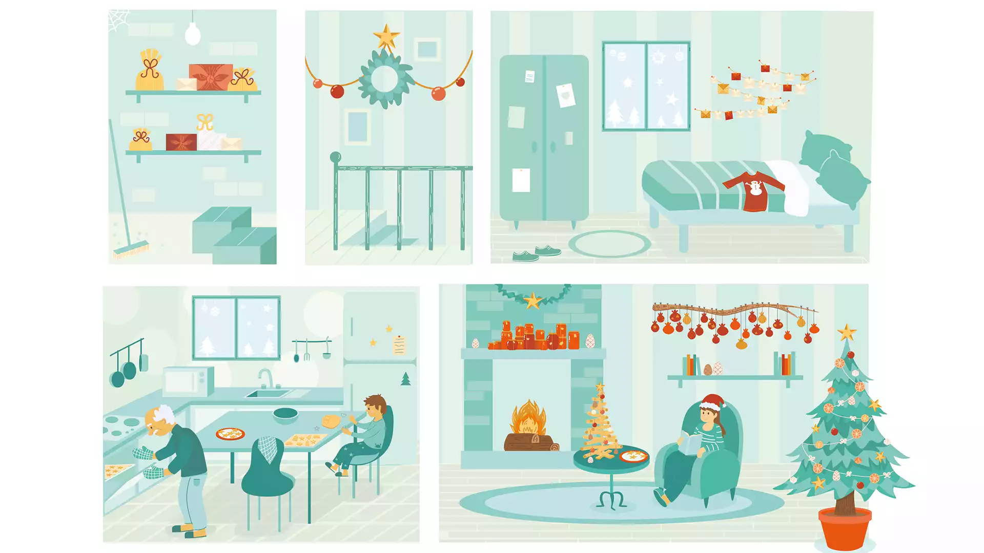 illustration vectorielle de maison en coupe décorée pour Noël de manière eco responsable